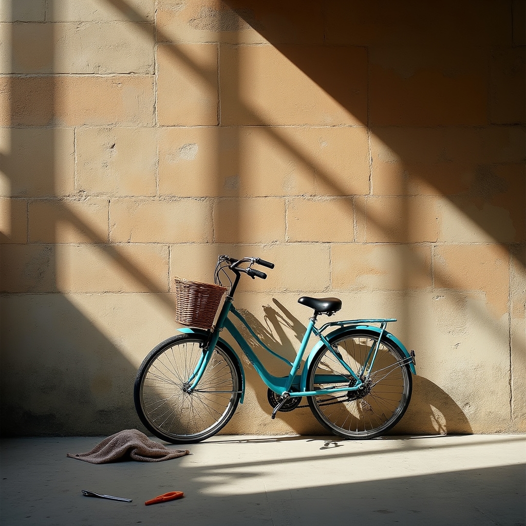 Bici da città appoggiata al muro del cortile in attesa di essere ispezionata durante il corso di manutenzione
