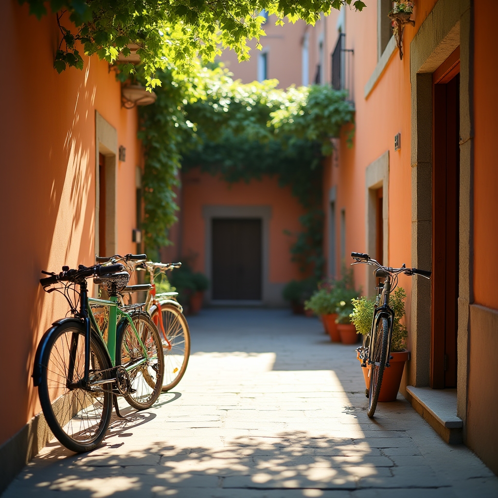 Bici da città appoggiate nel cortile di un'associazione culturale a Torino durante il corso di manutenzione