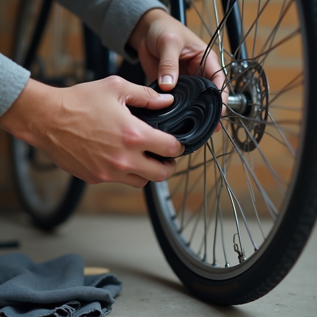 Mani che sostituiscono la camera d'aria di una ruota di bici urbana