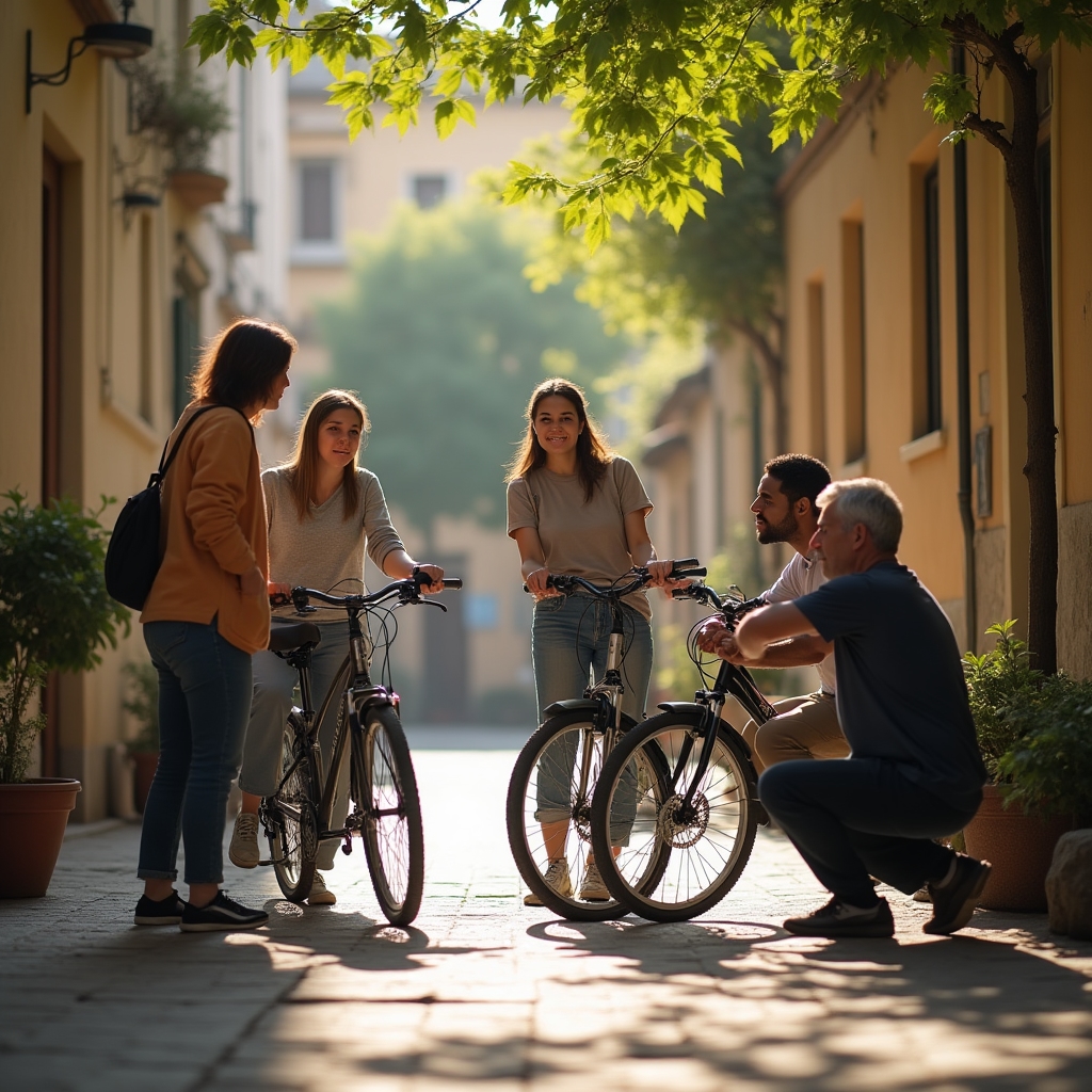 Gruppo di partecipanti al corso di manutenzione bici che lavorano sulle proprie biciclette nel cortile