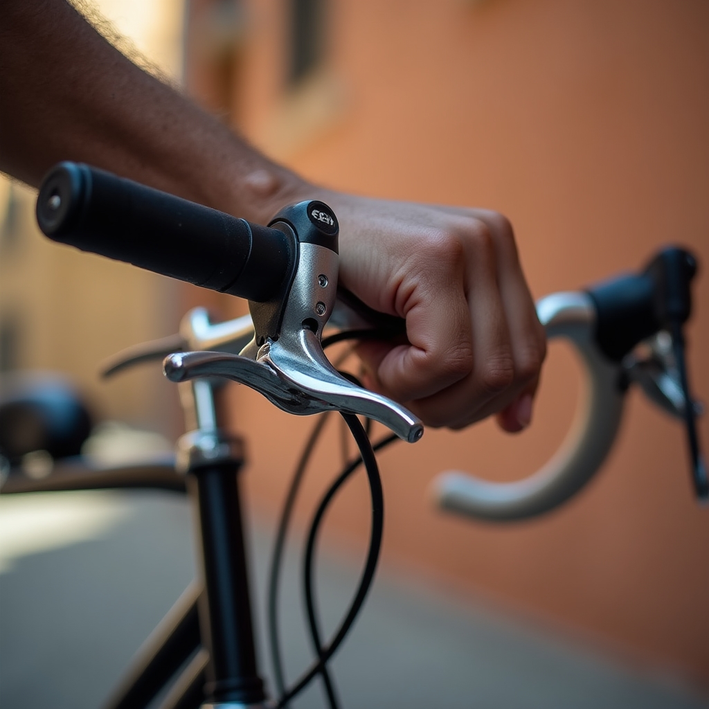 Close-up delle leve freno di una bici da città durante la verifica della tensione del cavo