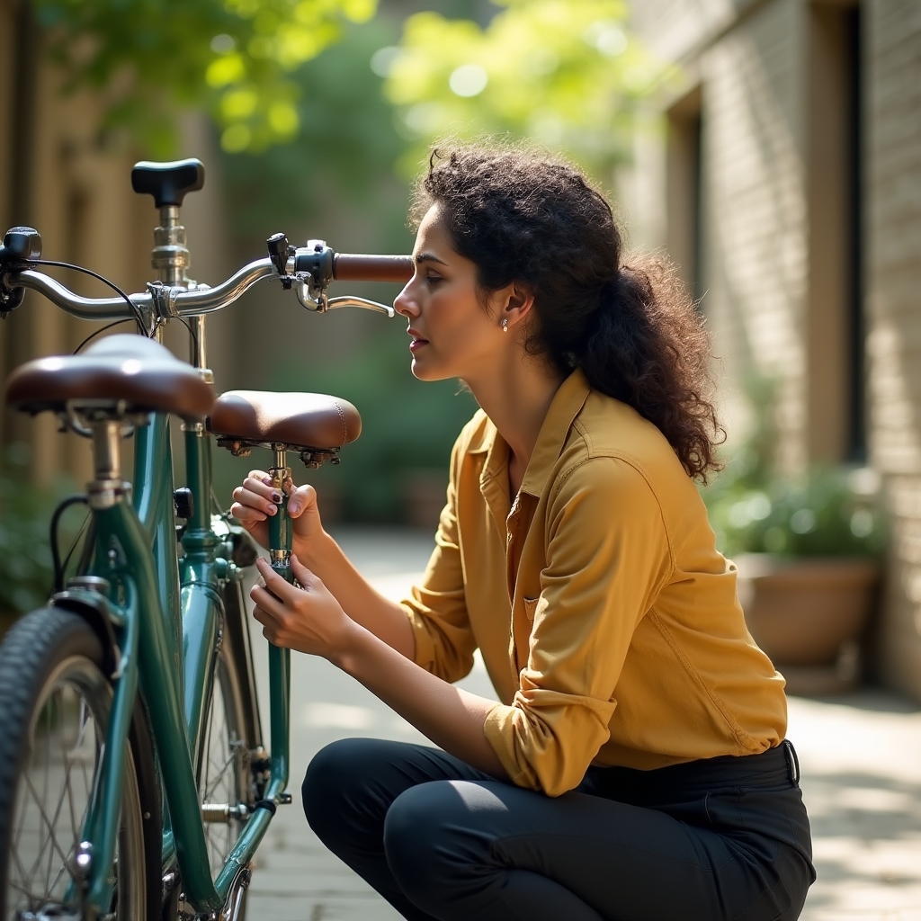 Persona che regola l'altezza della sella di una bici da città con una chiave a brugola